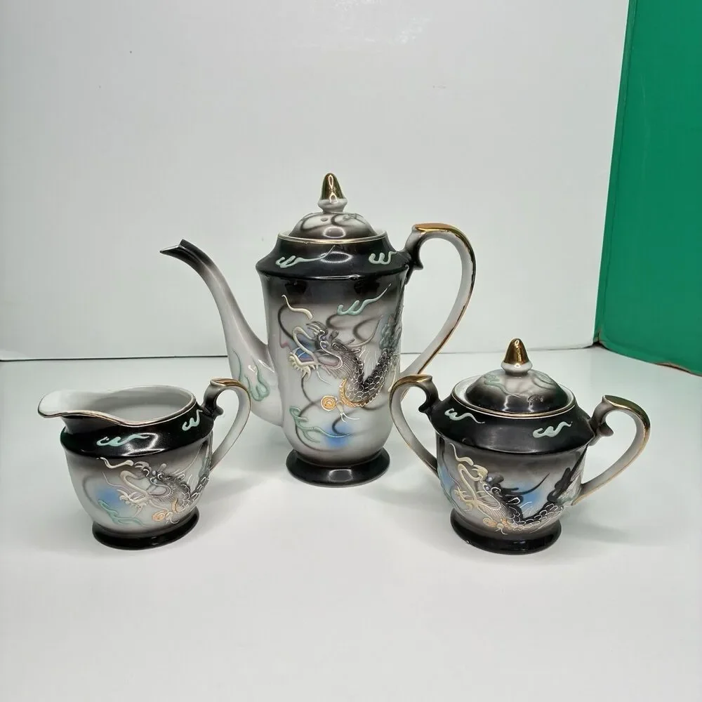 Dragonware Japan Moriage Lithophane Black Gray Blue Tea Pot Creamer Sugar Set
